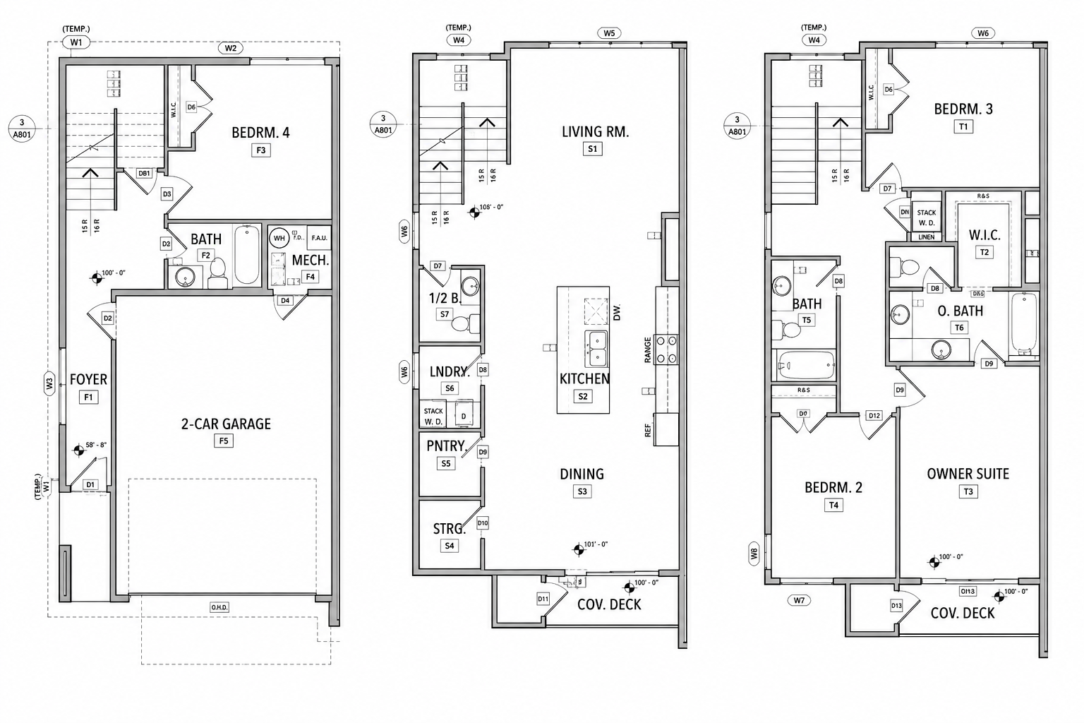 The Ace floorplan — three-level layout including foyer, 2-car garage, kitchen, living and dining, owner suite, and additional bedrooms