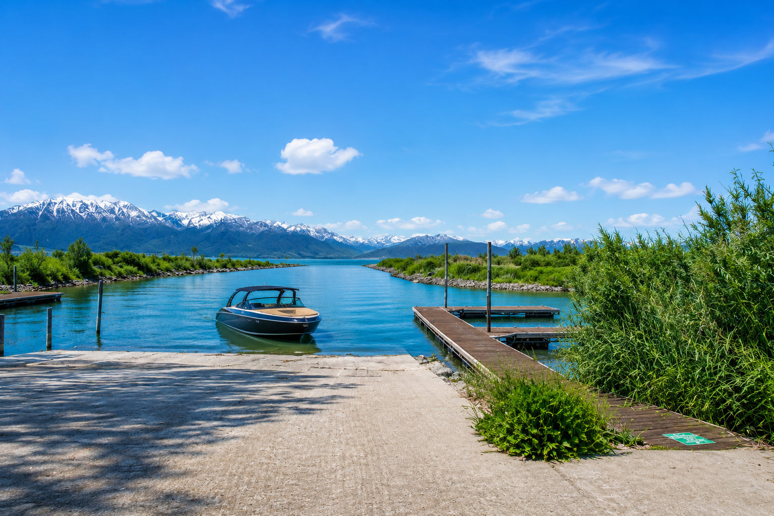 Private boat docked at the community launch on Utah Lake