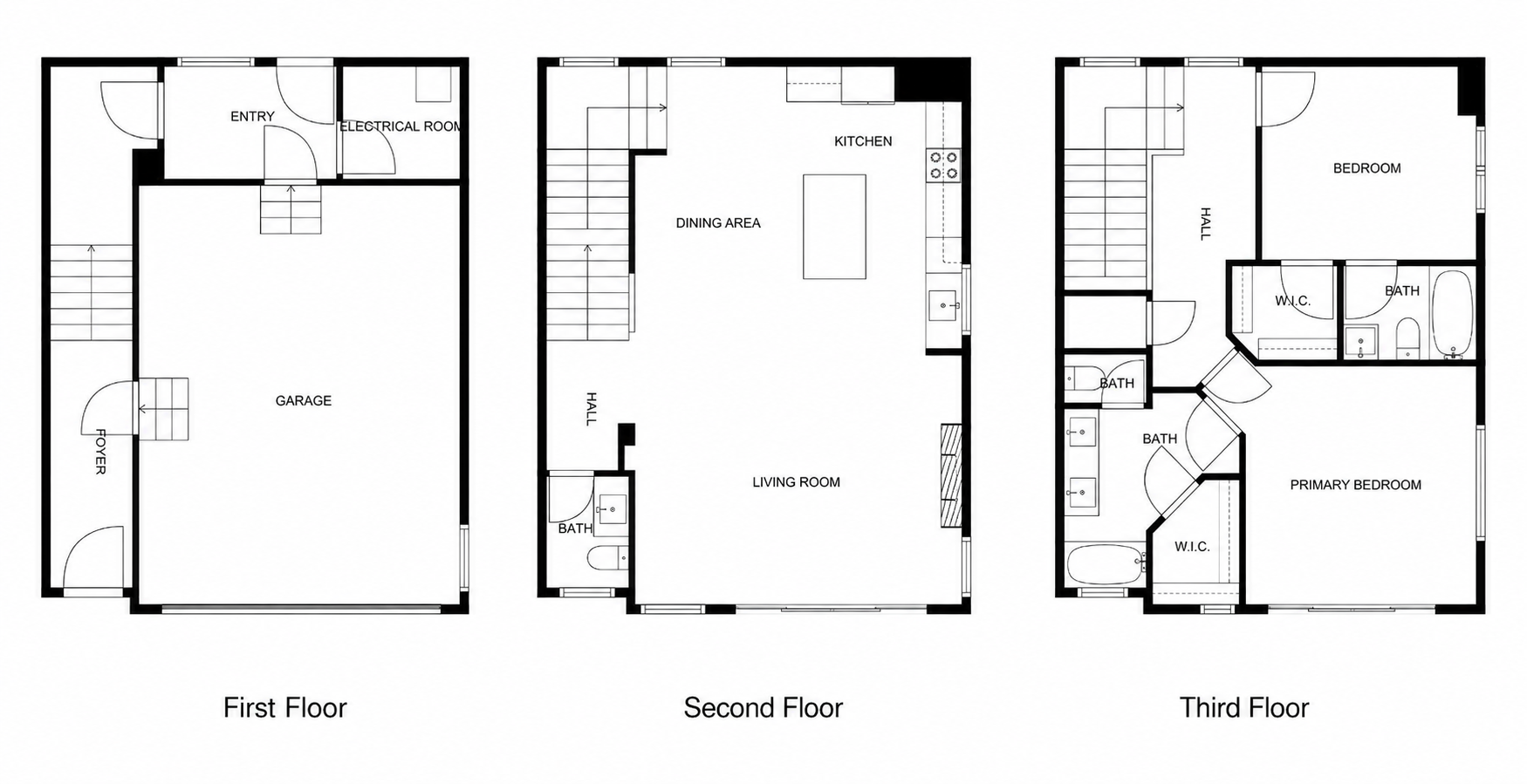 The Eagle floorplan — three-level layout including foyer, 2-car garage, kitchen, dining, living room, primary bedroom, and additional bedroom